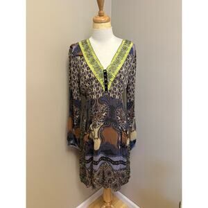 Johnny Was V-Neck Silk Blend Midi Dress Mixed Paisley Print Pockets Sz Medium